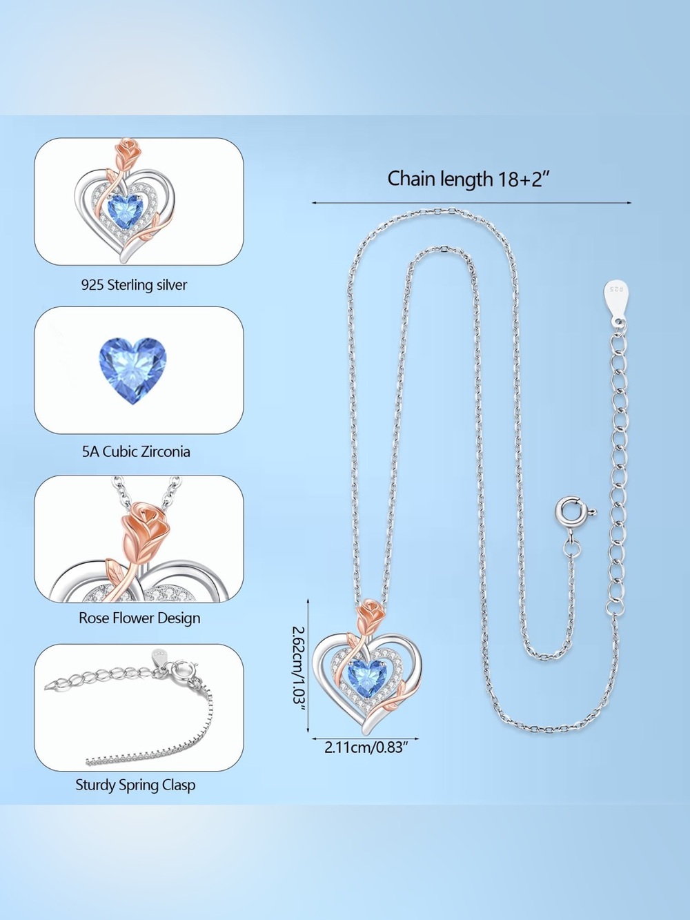 Lavumo 925 Sterling Silver Double Heart Rose Flower Necklace - Picture 3 of 3